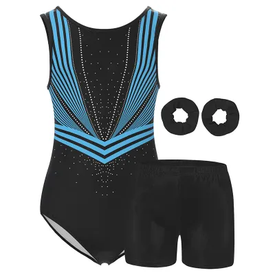 Girls Gymnastics Leotards Kids Water-drop Back sleeveless Unitard Tumbling Activewear Outfits with Headbands and shorts ﻿