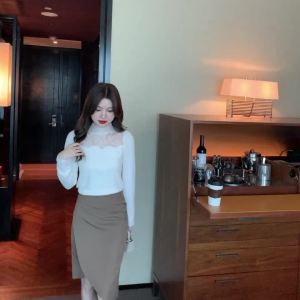 AMMIN 2024 Autumn new French cutout positioning lace patchwork stand collar long sleeve shirt female Korean style sweet lantern sleeve elegant blouse