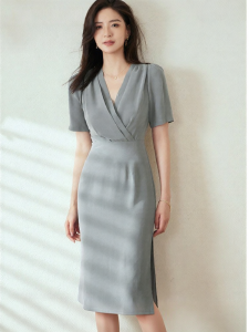 Roey s house | Acetate Puff Sleeves Elegant Business Style V-Neck Fitted Midi Dress