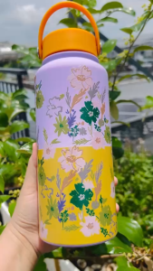 Bình Giữ Nhiệt Hoa Vintage Sang Trọng Dung Tích Lớn 1000ML Inox 304 Có Quai Xách Tiện Lợi _Thân vàng