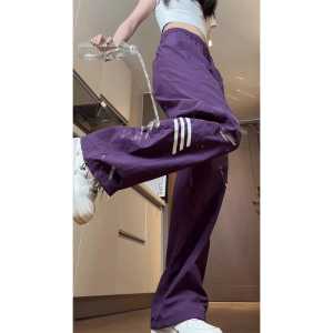 กางเกงวิ่งผ้าไหมน้ำแข็งสีม่วงแห้งเร็วสำหรับผู้หญิง กางเกงขายาวทรงตรงบางๆ สำหรับฤดูร้อน กางเกงปีนเขา กันน้ำ กางเกงขายาวลำลอง