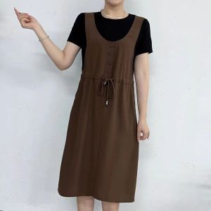 Casual Slimming False Two-Piece Drawstring Lace-up round Neck 2023 Summer Clothing New Short Sleeve Dress Middle-Aged Mother Wear Female