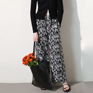 Miccbeirn | Slimming Wide Leg Pants Artistic Print Casual Long Trousers Cool Feeling Thin Version Loose Drapey Straight Cut Commute Style