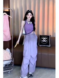 Summer 2024 Fashion Color Block Short Sleeve Vest T-Shirt High Waist Drawstring Cargo Pants Gradient Design Commute Style Korean Version