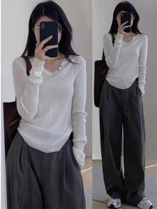 Design Sensation Womens Long Sleeve Knitted Sweater Slim Fit Base Layer T-Shirt Top White Color Commute Style Korean Version