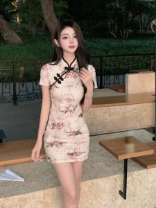 Retro Cheongsam Young Girl Print Design Slimming Short New Chinese Style Dress Polyester Fiber Summer Short Sleeve A-Line Skirt