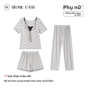 Bộ đồ ngủ nữ BE làm bằng vải modal và lụa băng tay ngắn có đệm ngực thoải mái