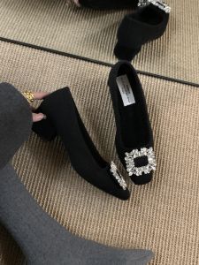 French Elegant Diamond Embellished Fleece Lined Chunky Heel Womens Shoes Autumn Winter New Style Square Head Tweed High Heel Fur Shoes