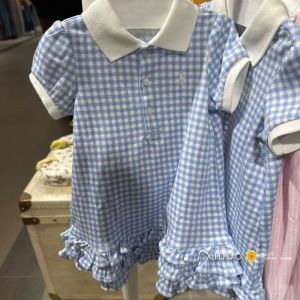 Princess Skirt with Polo Collar for Little Girls Spring Autumn Plaid Color Block Doll Collar Lace Hemline Korean Style Dress