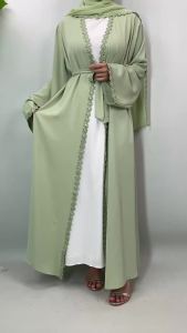Women Lace Trim Open Abaya Set Flare Sleeve Dubai Muslim Robe With Hijab 2‑Pieces Outfit for Eid Ramadan Party