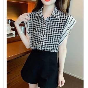 ●ECLAIRE● 003 Kemeja Shirt Lengan Lapis ruffle Houndstooth HS Korea Kasual Casual kerja Santai Mode Cantik Import 2226