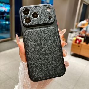 Luxury Matte Leather Large Window for Magsafe Magnetic Phone Case for IPhone 17 16 15 14 13 Pro Max Shockproof Armor Back Cover