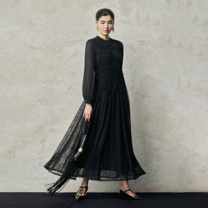 Lace and Silk Border Elegant Long Dress Black