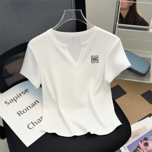 Pure Cotton White V-Neck Short Sleeve Womens T-Shirt Slim Fit Shoulder Length Commute Korean Style Summer Fashion Top