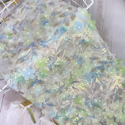 3D Embroidery Sequin Flower Mesh Fabric Stage Costume Background Decoration Net Material Fashionable Fresh Style for Spring S...