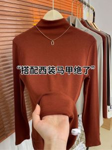 เสื้อยืดคอกลมแขนยาวทรงสลิมฟิตสำหรับผู้หญิง เสื้อชั้นในสีพื้น เสื้อเชิ้ตคอปกสูงครึ่งตัว เสื้อผ้าทำงานฤดูใบไม้ร่วง แฟชั่น