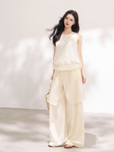 KEIKO | Shimmering Butterfly Chiffon Splicing Summer Halter Top with Ruffle and Waist Shaping Sleeveless Round Neck