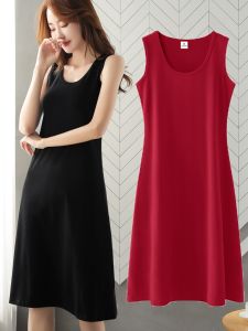 ชุดเดรสยาวแขนกุดสีดำ ทรงเอ สำหรับผู้หญิง ฤดูใบไม้ผลิ 2025 ไซส์ใหญ่ ชุดเดรสยาวคลุมเข่าสีแดง ชุดเดรสยาวคลุมเข่า