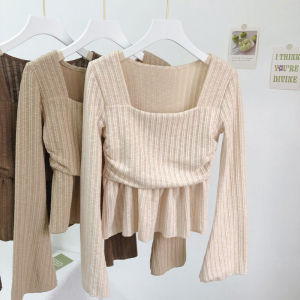 Koko Auntie Sweet Gentle Cute Style Square Collar Flared Sleeve Top Womens Slimming Belly Covering Spring T-Shirt Cotton Spandex Blend