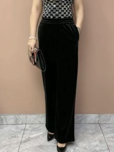 กางเกงขายาวผ้ากำมะหยี่สีดำ ทรงหลวม ทรงเข้ารูป ทรงหลวม สำหรับผู้หญิงวัย 40-49 ปี ทรงลำลอง กางเกงขายาวฤดูหนาว เอวยางยืด