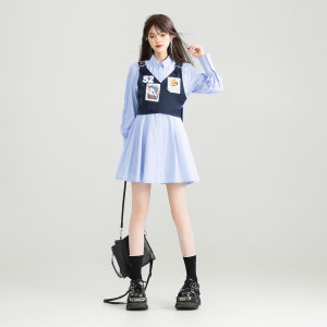 KEIKO Blue Striped Shirt Dress Academic Style Early Autumn Layering Fake Two-Piece Slimming Bow Knot Short Skirt Womens Dress