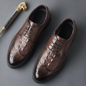 Mens Casual Business Leather Shoes Spring 2025 Layered Cowhide Brogue Carving British Style Slip-On Low Heel Breathable