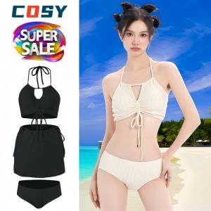 ชุดว่ายน้ำ Bikini Set ชุดบิกินี่ ชุดว่ายน้ำผู้หญิง เชต3ชิ้น มีสีดำและสีครีม (ขนาดก่อนยืด : อก26“ เอว26”) ชุดว่ายน้ำ Swimming Costume (สินค้าพร้อมส่ง)