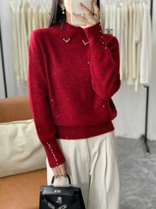 เสื้อสเวตเตอร์ถักคอโปโลผ้าขนสัตว์แขนยาวสไตล์สตรีทสำหรับผู้หญิงในฤดูใบไม้ร่วงและฤดูหนาว