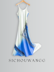 Summer Silk Long Printed Wrap Dress Womens Slim Fit Asymmetrical Split Casual round Neck Sleeveless A-Line Gown Evening Dress