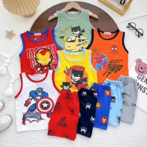 Bộ Quần Áo Trẻ Em Ba Lỗ NATUCO Vải Cotton Lụa Cho Bé Trai 8-27kg In Hình Siêu Nhân Người Sắt Người Dơi BL-IN70