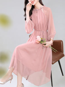 Elegant Silk Dress Gentle Style Ageless Sweet French Design Adjustable Waist Belt Floral Embellishment Long Sleeve A-Line Skirt