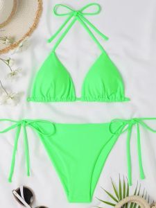 Solid Color Low Waist Strap Swimsuit Set Pure Color Tie Waist Bikini Womens Fashionable Swimming Costume Dress