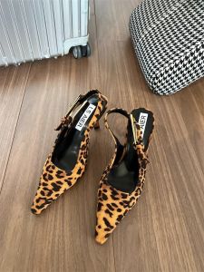 Fashionable Leopard Print Clog Shoes for Women Low Cut Breathable Upgraded Version High Heel Thin Heel Denim Material Slip-On