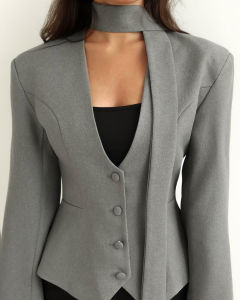 Elegant Slim เสื้อสูทผู้หญิงผ้าพันคอ LACE-Up Patchwork V คอยาวแขนยาว Blazer Coat Outwear หญิงสูงเอวแจ็คเก็ต