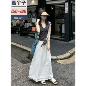 High Waist Linen Half Skirt Womens Autumn Winter Long Dress Belted Korean Style Commute Pure Color A-Line Skirt