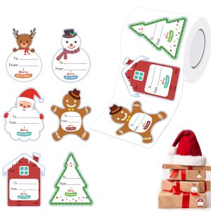180 PCS Christmas Gift Tag Stickers Roll – Holiday To/From Labels with Santa Snowman Reindeer Tree House & Gingerbread
