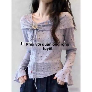 Loowmane | Áo Thun Chấm Bi Tím Elegance Tay Voan Hở Vai