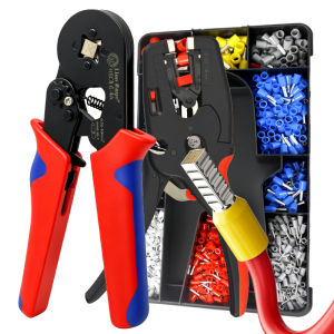 HSC8 6-4 Ferrule Crimping Tool Kit Self-Adjustable Crimper Plier with Wire Stripper Electrical Terminal Set with Storage Box