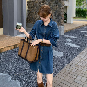 Slimming A-Line Polo Collar Denim Shirt Dress Womens Spring Autumn New Style Casual Waist-Cinching Korean Version Long Sleeve