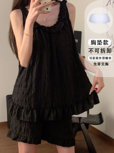 Bộ Đồ Ngủ Cotton Nguyên Chất Mùa Hè Cho Nữ Có Đệm Ngực Bộ Đồ Mặc Nhà Hai Mảnh Họa Tiết Hoa Viền Màu Đen