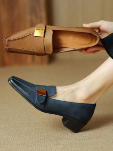 Fashionable French Deep-Cut Single Shoes Womens Spring Autumn Square Head Medium Heel Thick Heel Genuine Leather Blue Loafers