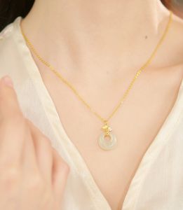 ZHOU LIU FU 周六福 S925 Sterling Silver Necklace Hetian White jade Necklace Wheat Peace Buckle 18K Gold Plated Timeless Jewelry Gift for Women Girl Adjustable Chain 40+5cm Y0616172