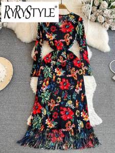 Miyake เดรสมีพู่แบบจีบสำหรับผู้หญิงแขนยาวคอวีพิมพ์ลายดอกไม้ชุดปาร์ตี้กระโปรงยาวคลุมเข่าเอวสูง