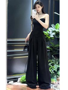 Quần Ống Rộng Cạp Cao Màu Đen Xếp Ly Cho Nữ Mùa Hè Phong Cách Mỹ Dáng Rộng Thoải Mái