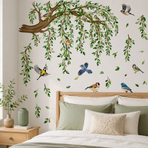 Large Tree Branch Wall Stickers with Green Leaves Colorful Birds Decals for Bedroom Living Room Botanical Nature Wall Decor