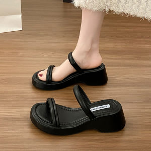 Womens Summer Thick Heel Sandals Black Slip-On Casual Style PU Material Waterproof Platform mid Heel Beach Sandals