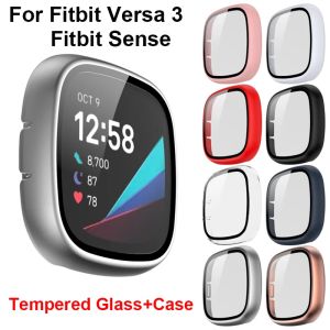 Glass + Case For Fitbit Versa 3/Sense Tempered Glass All-Around Protective Screen Protector Cover Bumper for Fitbit Sense/Versa 3