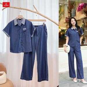 Bộ đồ jean nữ CARDINA áo cộc tay phối cổ sọc chất liệu denim dáng suông trẻ trυng 5BJD01
