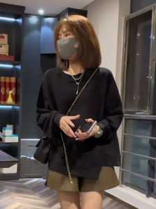 Chic Uneven Hem Sweatshirt Womens Korean Style Casual Long Sleeve round Neck Pullover Polyester Fiber Loose Fit Autumn New