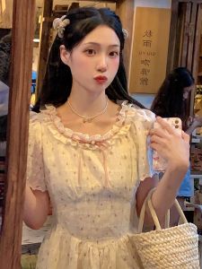 Honeyrubao Rose Butterfly Knot Vintage Girl Dress Cotton Embroidery Decoration A-Line Skirt Short Sleeve Long Dress for Young Women